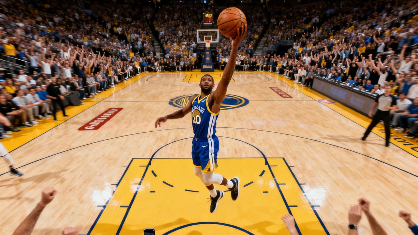 一场激烈的NBA篮球比赛正在进行，球员在三分线外跳投，球馆内观众席座无虚席，灯光聚焦在球场中央。