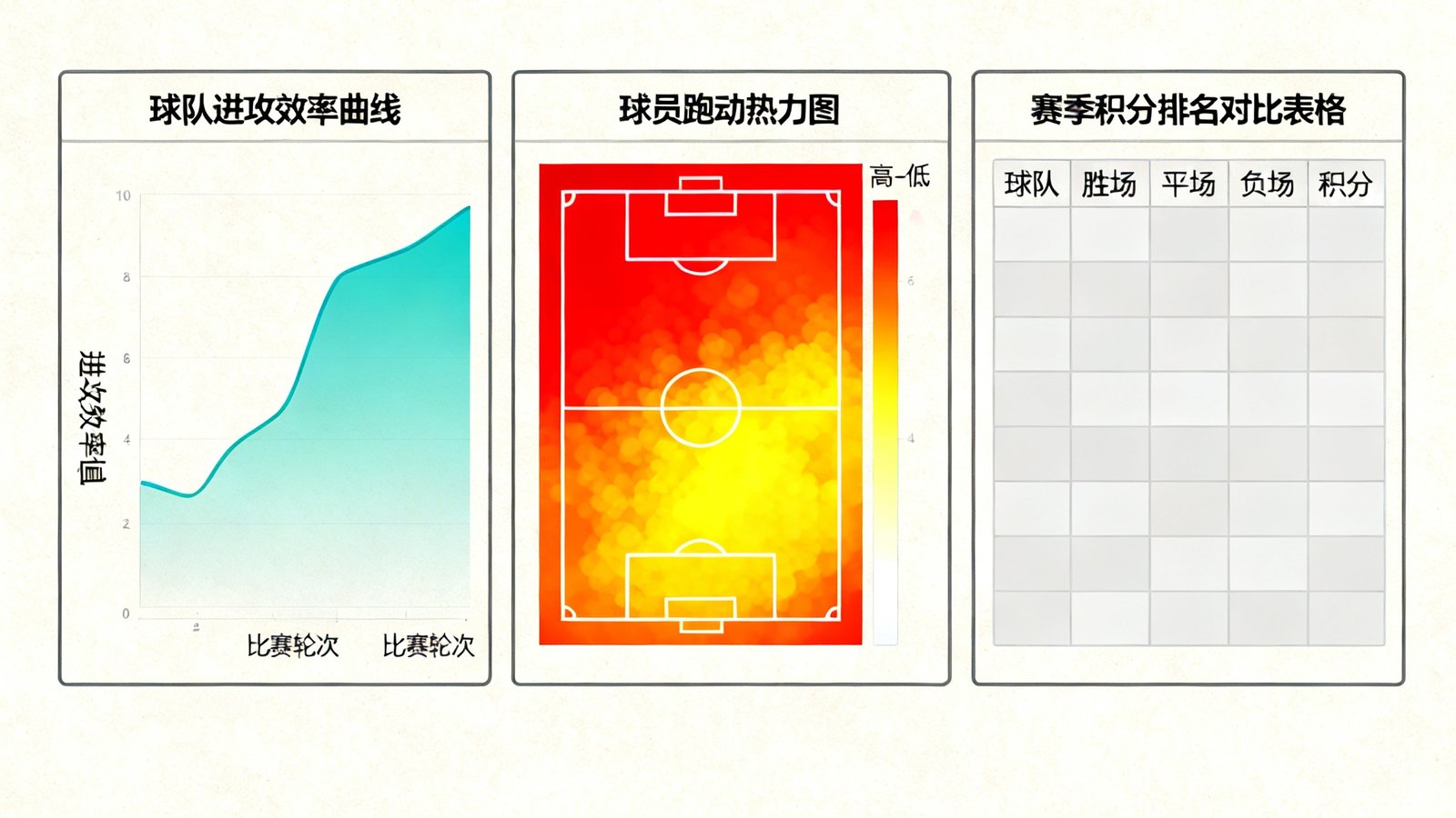 多维度足球数据分析仪表盘界面，包含球队进攻效率曲线、球员跑动热力图以及赛季积分排名对比表格。